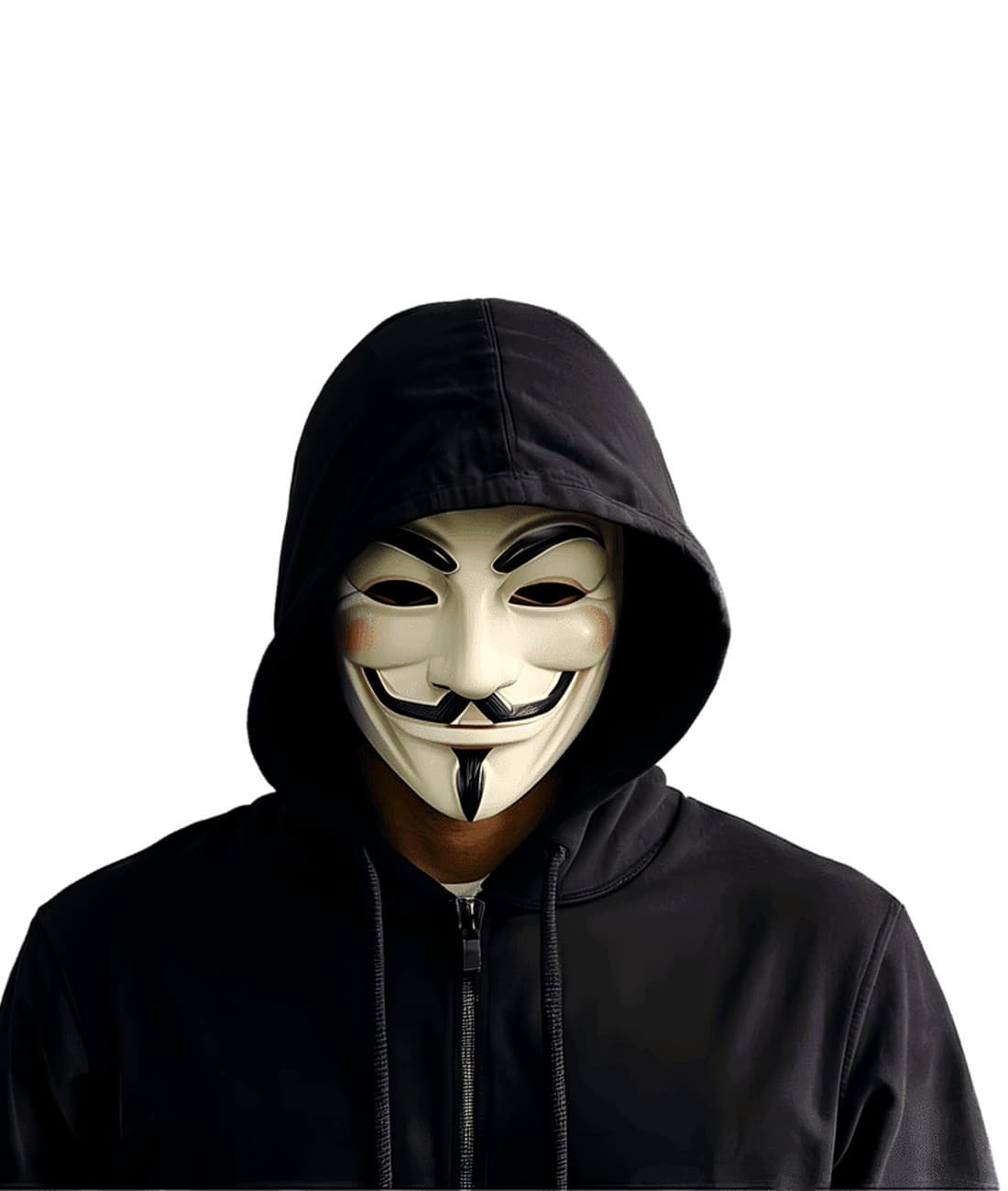 Modo Anonymous: figura con sudadera negra, capucha y máscara